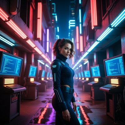 Cyberpunk scene with woman in dark alley