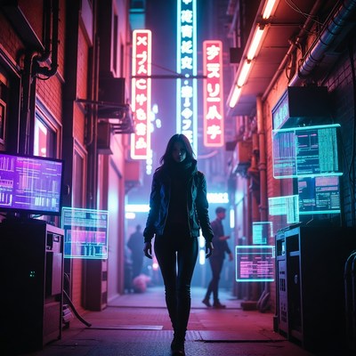 Woman walks in neon alley at night