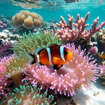 Clownfish swimming in coral reef
