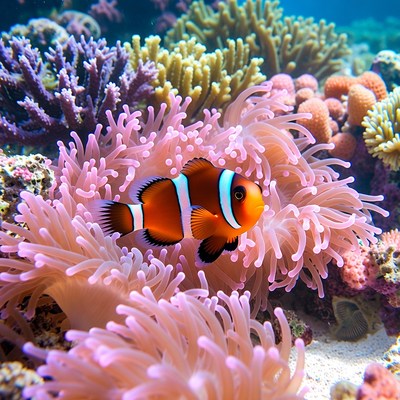 Clownfish swimming among coral reefs