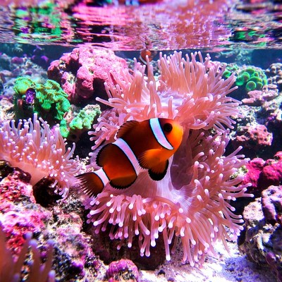 Clownfish swims in coral reef