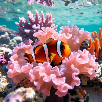 Clownfish swimming among sea anemones