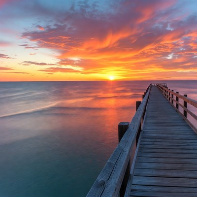 Sunset over wooden pier at beach