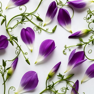 Purple petals and green vines on white surface