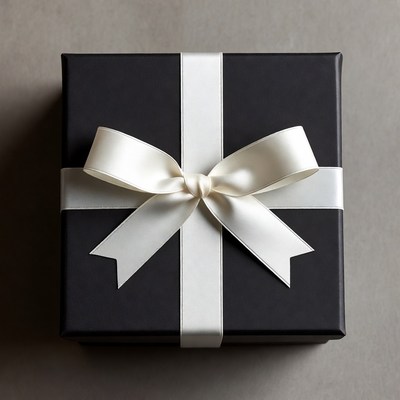 Black gift box with white ribbon on table