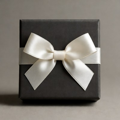 Gift box with white ribbon on gray background