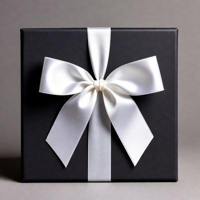 Gift box with white ribbon on gray background