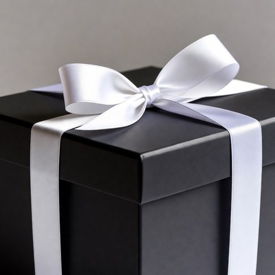 Wrapped black gift box with white ribbon