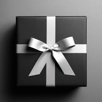 Black gift box with silver ribbon