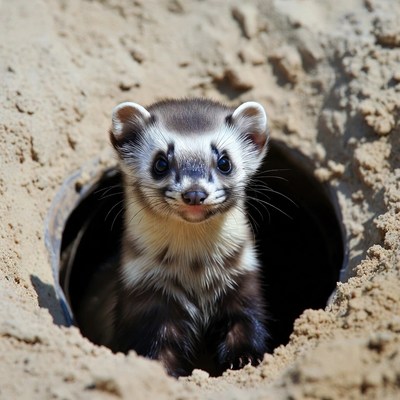 Ferret emerges from sandy burrow