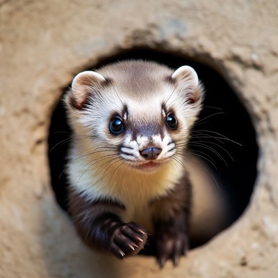 Young animal peeks from hole