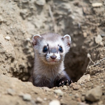 Young ferret emerges from burrow