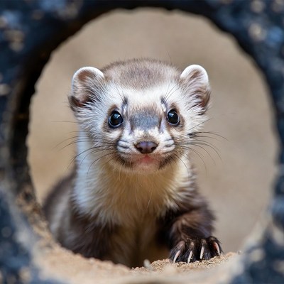 Ferret exploring through a tunnel