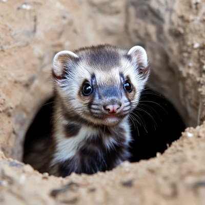 Ferret poking head out of burrow