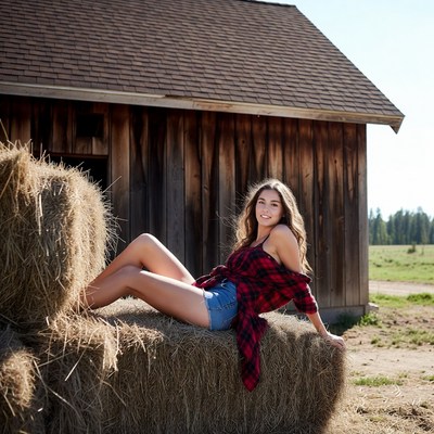 Woman relaxing by hay bales
