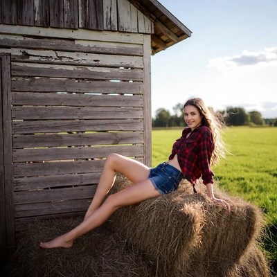 Model poses beside haystack in field
