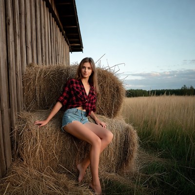 Young woman sitting on hay