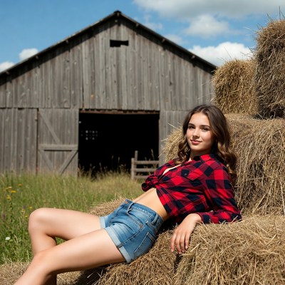Girl poses on hay bales near barn