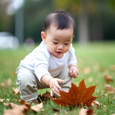 Baby explores large leaf outdoors in autumn