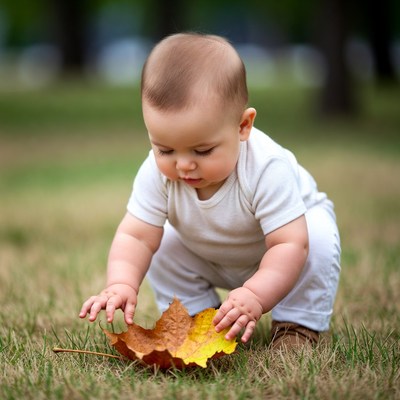 Baby playing with a leaf in a park