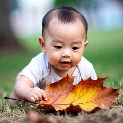 Baby explores large autumn leaf