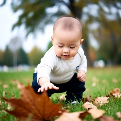 Baby playing with fallen leaves outdoors