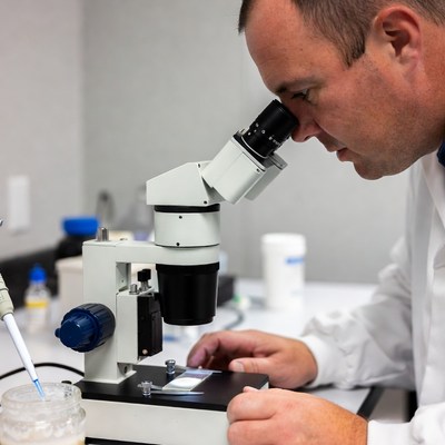 Scientist observes specimen through microscope
