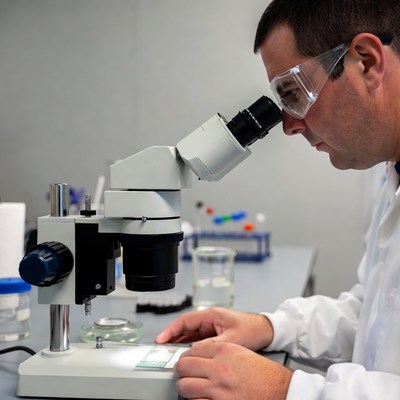 Scientist using microscope in laboratory