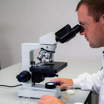 Scientist examines samples with microscope