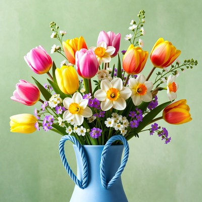 Colorful flowers in a blue vase