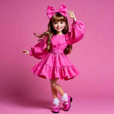 Doll in pink dress poses happily