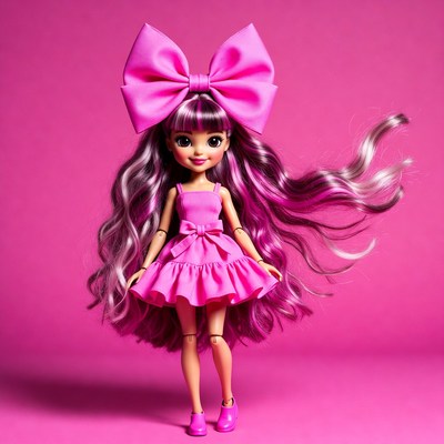 Pink doll with big bow standing in bright space