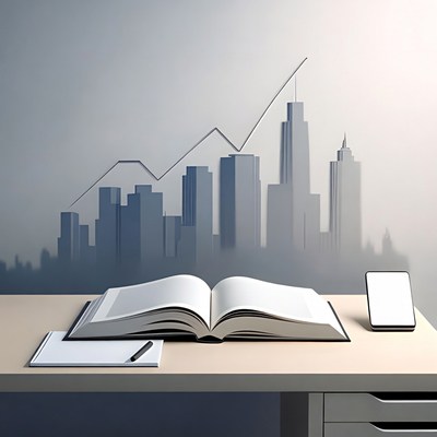 Modern workspace with book and skyline
