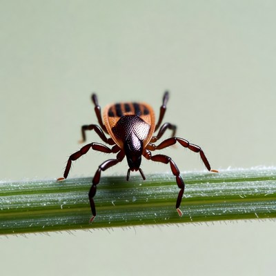 Brown tick on green grass blade