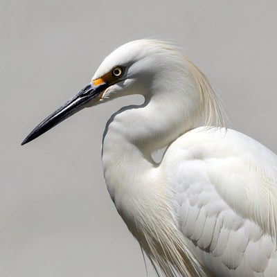 Snowy egret standing against gray background