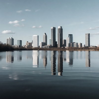 City skyline reflecting on water