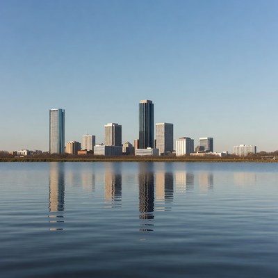 City skyline reflected in water