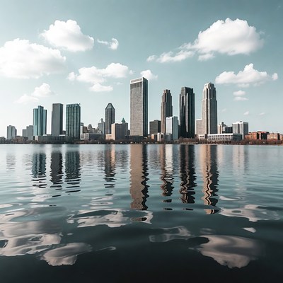 Dallas city skyline reflects on water