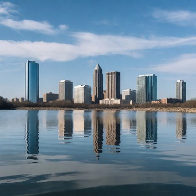 City skyline reflects on water