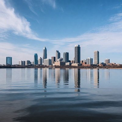 City skyline reflects on water