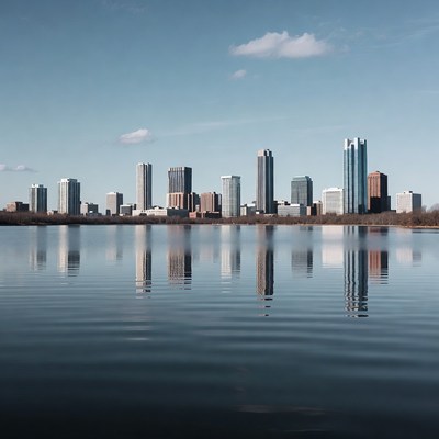 Urban skyline with water reflection