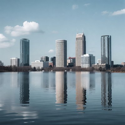 City skyline view over water
