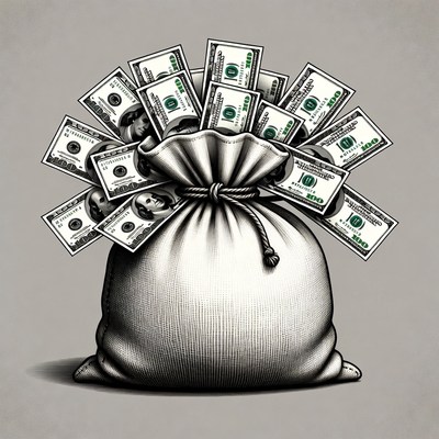 Money bag filled with cash stacks