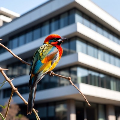 Colorful bird on branch at office