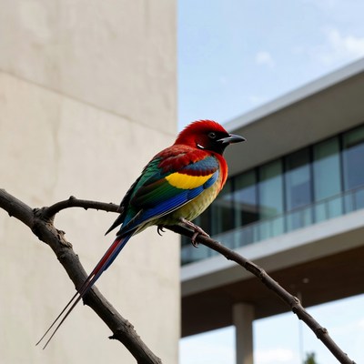 Colorful bird perched on branch near building