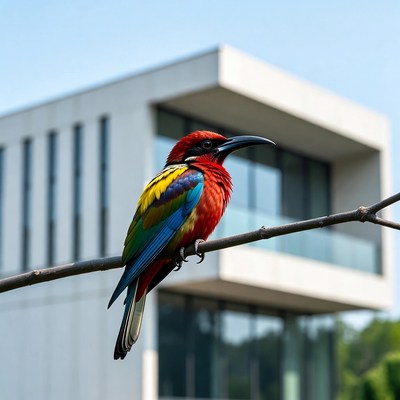 Colorful bird on branch near building