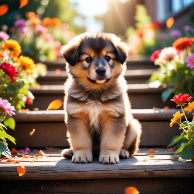 Puppy in flower garden at sunset
