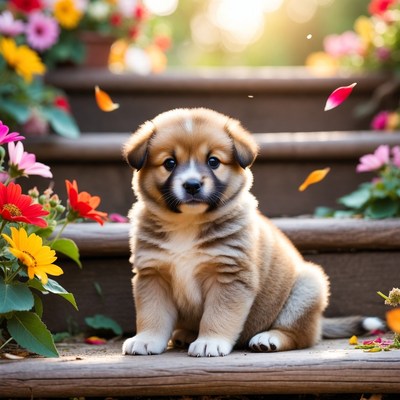 Puppy sitting on steps with flowers
