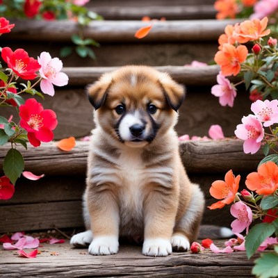 Puppy sits among flowers on steps