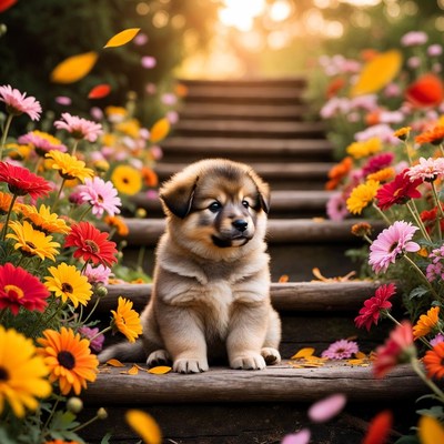 Puppy on flower-covered steps